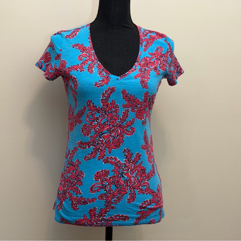 Lilly Pulitzer Women’s‎ XS Michele Rhode Island Reef Floral V-Neck Tee Blue Pink